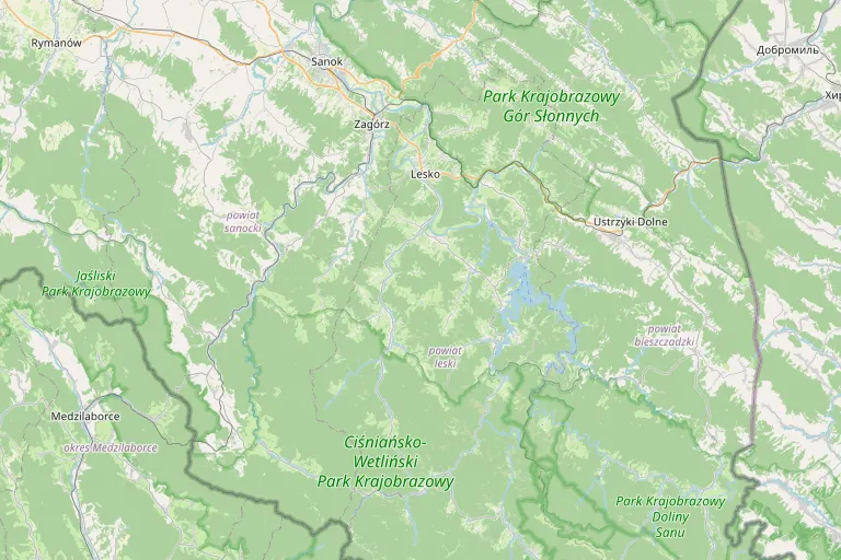 Mapa okolicy: Bukowiec między Leskiem, Ustrzykami Dolnymi
      a Cieśniańsko-Wetlińskim Parkiem Krajobrazowym